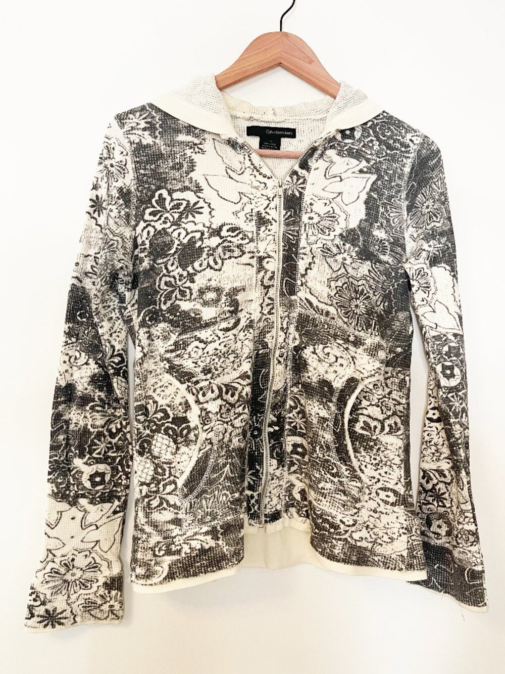Calvin Klein Jeans Floral Graphic Waffle Knit Zip Hoodie Large Y2K